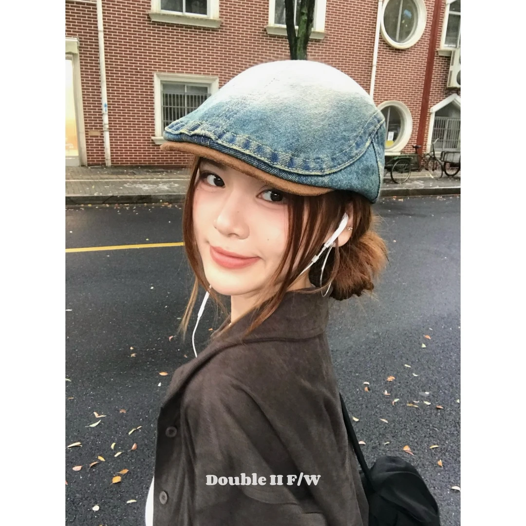 double i i 复古做旧牛仔反戴前进帽女百搭显脸小鸭舌帽报童帽