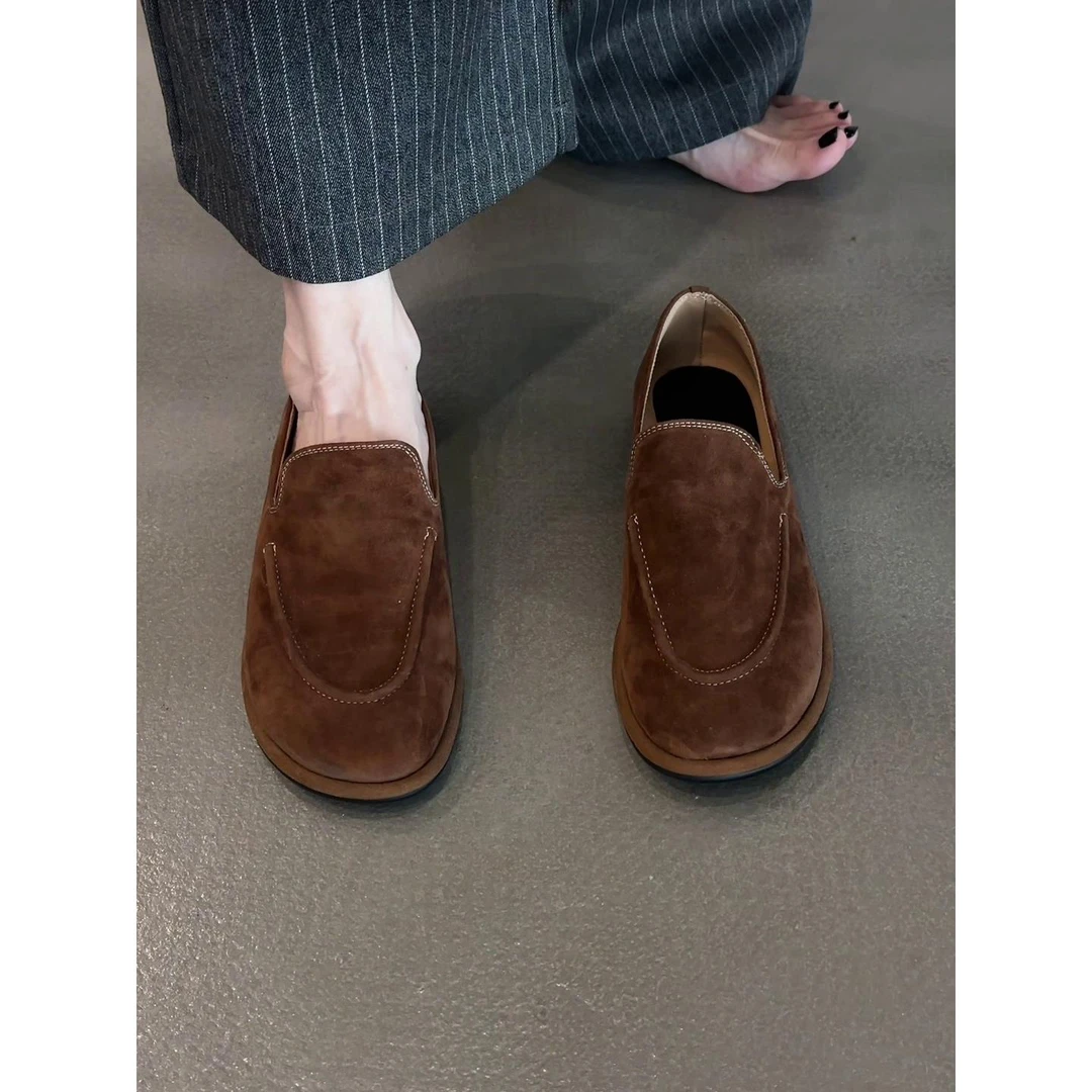 羊皮版！2025新款复古风圆头平底单鞋女款懒人一脚蹬乐福鞋小皮鞋