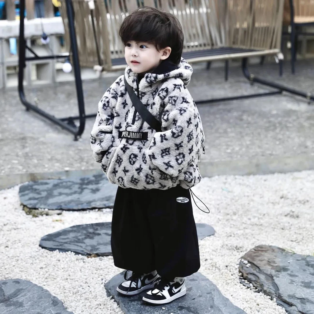 男童秋装加绒套装男童秋冬套装2025新款连帽加绒毛毛衣外套保暖男
