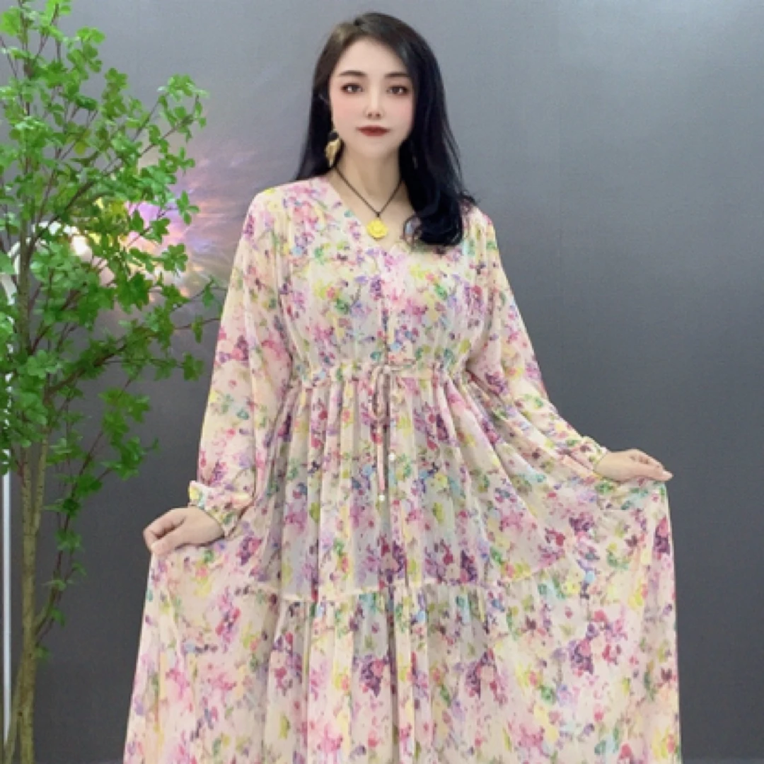油彩粉120长单层纱连衣裙
