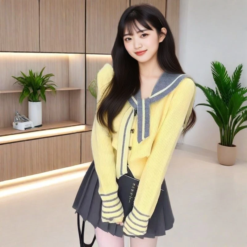 两件套法式高级感蝴蝶扣海军领2025秋冬新款设计感小众针织开衫女