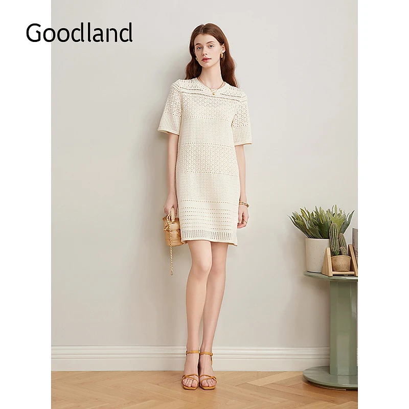 Goodland美地2025春季新款欧若假日风镂空不规则钩花减龄连衣裙