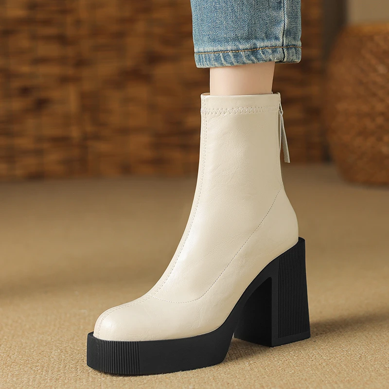 小个子气质百搭弹力靴10cm高跟短靴女春秋单靴厚底粗跟加绒瘦瘦靴