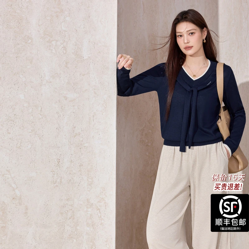 大码2025秋冬季新款V领撞色系带假两件针织毛衣修身显瘦套装