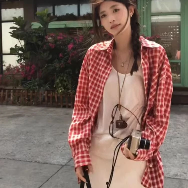 美式复古红色格子衬衫女春夏新款polo领开衫外套宽松休闲防晒上衣