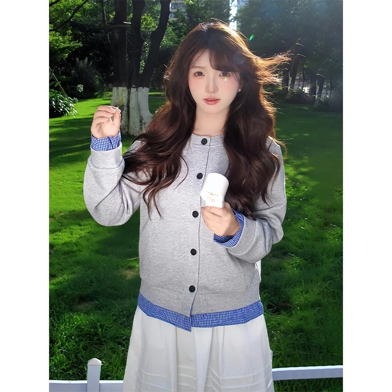 灰色假两件开衫卫衣女秋季新款格子拼接美式休闲外套宽松情侣上衣