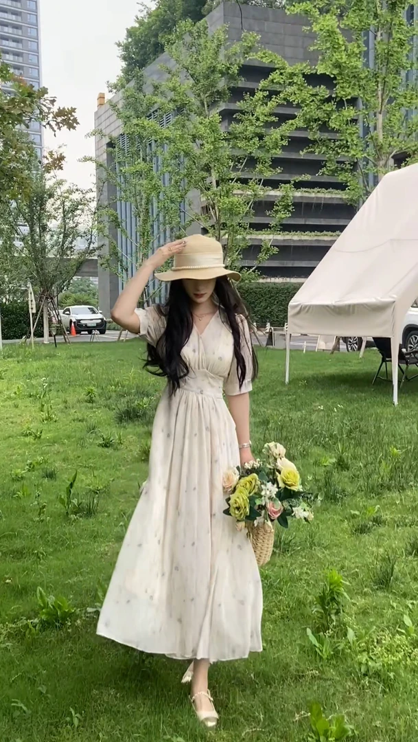 一片试收腰甜美裙子温柔气质优雅水墨印花夏季长裙连衣裙碎花长款