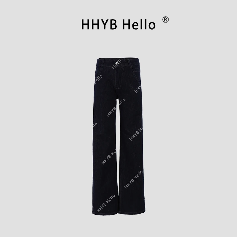 HHYB Hello【Q】原色休闲水洗弹力蓝黑直筒牛仔裤H60042