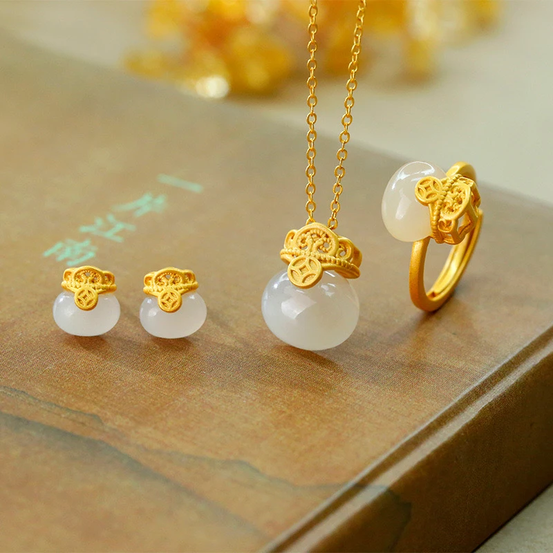 【杰我睿】S925银镶和田玉藕粉套装吊坠耳饰戒指新款国风精致女