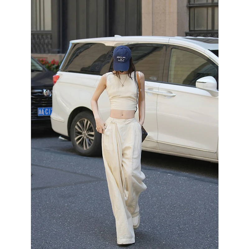 高级感杏色小众两件套装2025夏季新款无袖短款露背上衣宽松阔腿裤