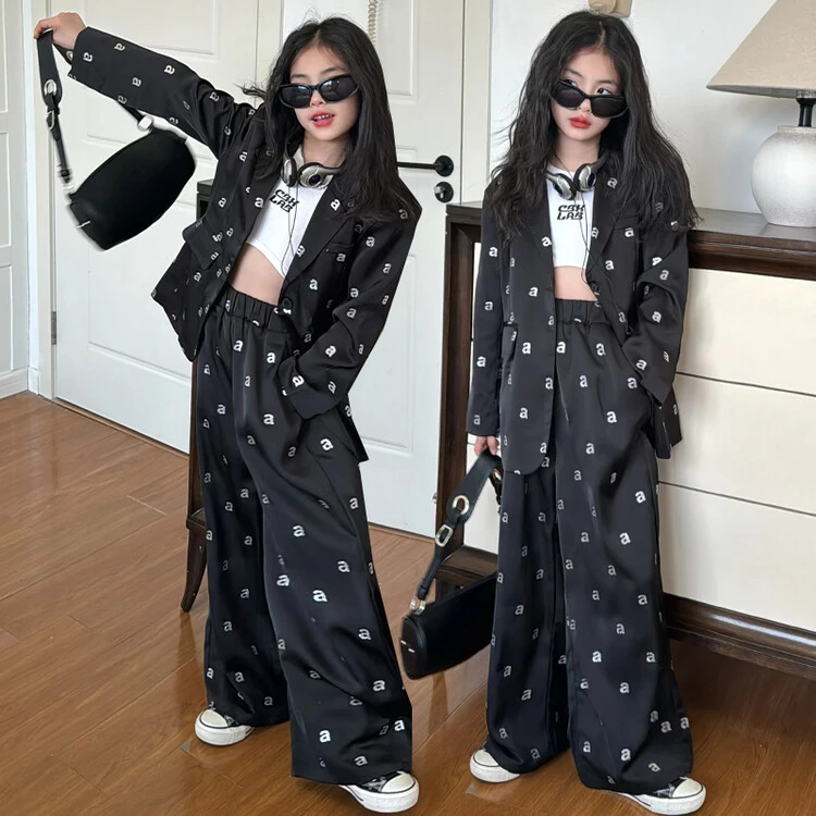 女童西装套装春装2025新款儿童洋气西服外套中大童直筒裤子两件套