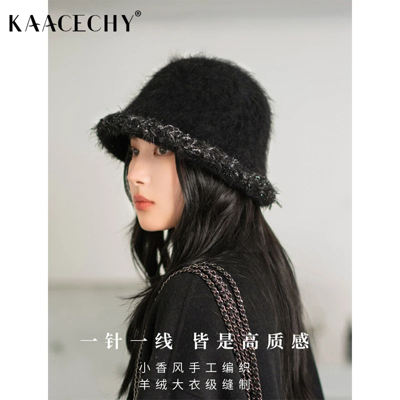 时尚显脸小毛绒渔夫帽子女款2025冬季新款手缝小香风兔毛混纺盆帽