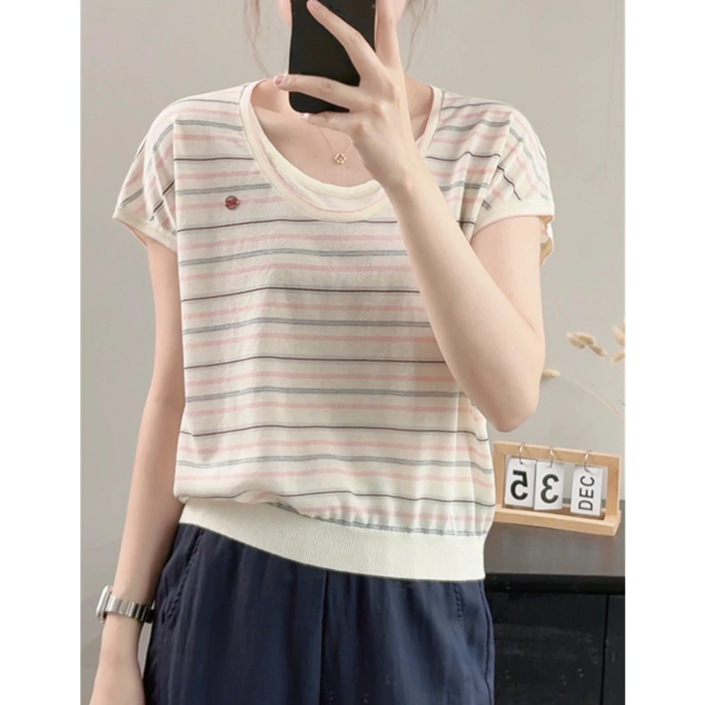 ~85%莱赛尔纤维~圆领假两件时尚条纹三分袖女针织衫