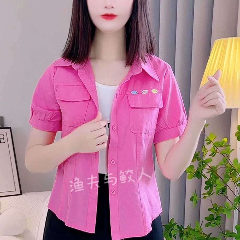 夏季小个子新款短袖上衣衬衫短款时尚洋气修身百搭减龄设计外套女
