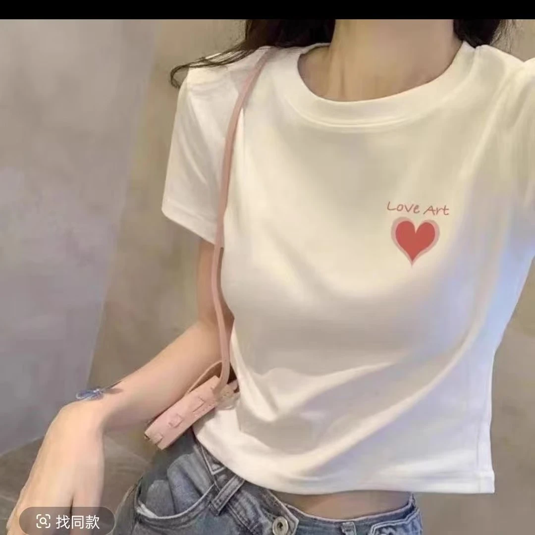 短款圆领修身ins印花T恤显瘦白色打底衫百搭时尚上衣韩版小众短袖