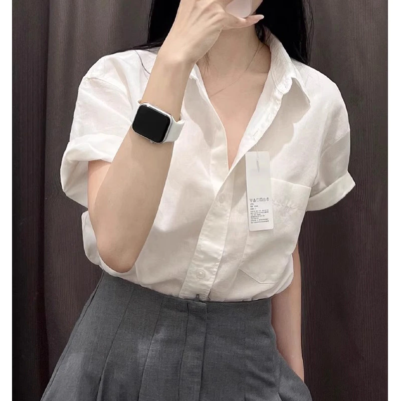 白色短袖衬衫女夏季小众设计高级感休闲百搭通勤职业衬衣宽松上衣