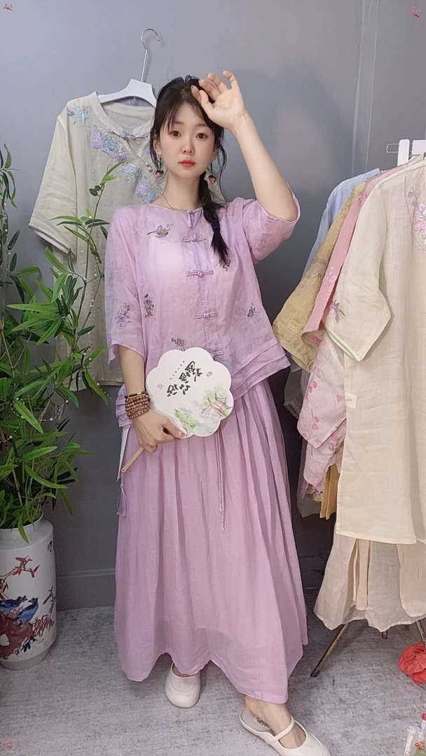 淡紫色苎麻上衣+半身裙两件套装文艺国风夏季新款小衫新中式衬衫