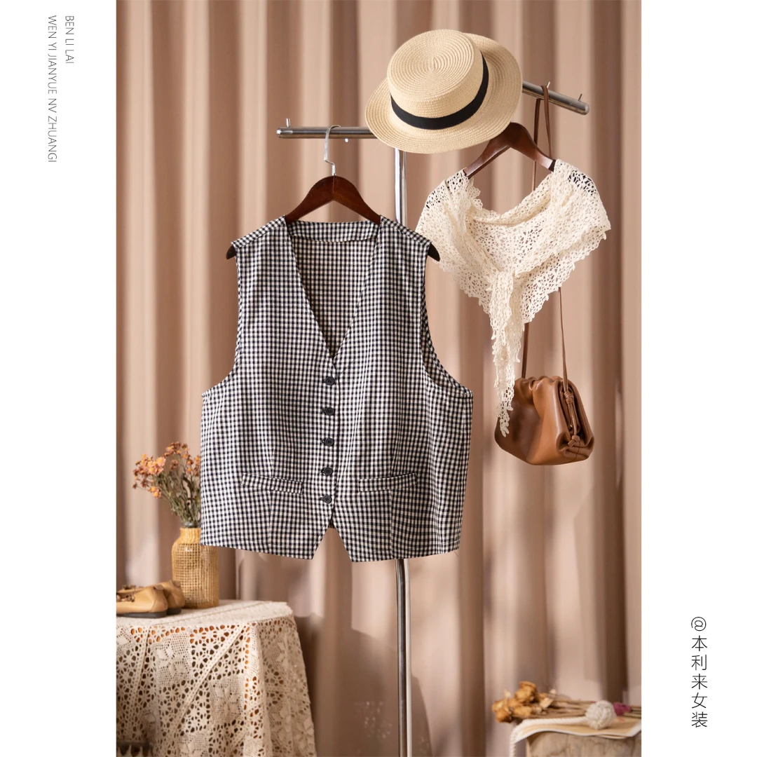 纯棉格子马甲女2025夏季新款文艺休闲显瘦无袖马甲6702
