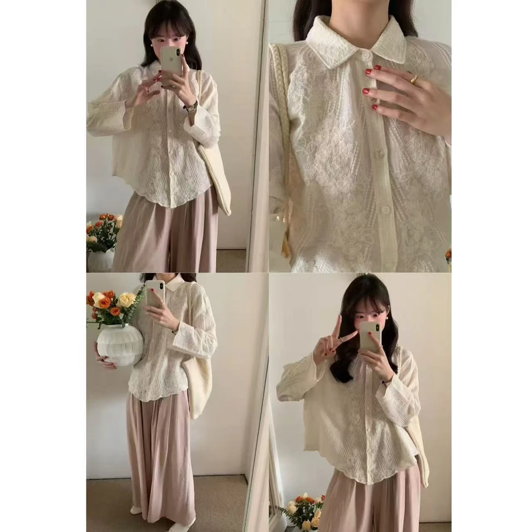 韩系蕾丝钩花精致长袖衬衫8159 衣长58