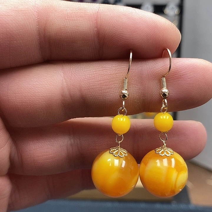 蜜蜡银S925镀金镶嵌耳饰尺寸16mm