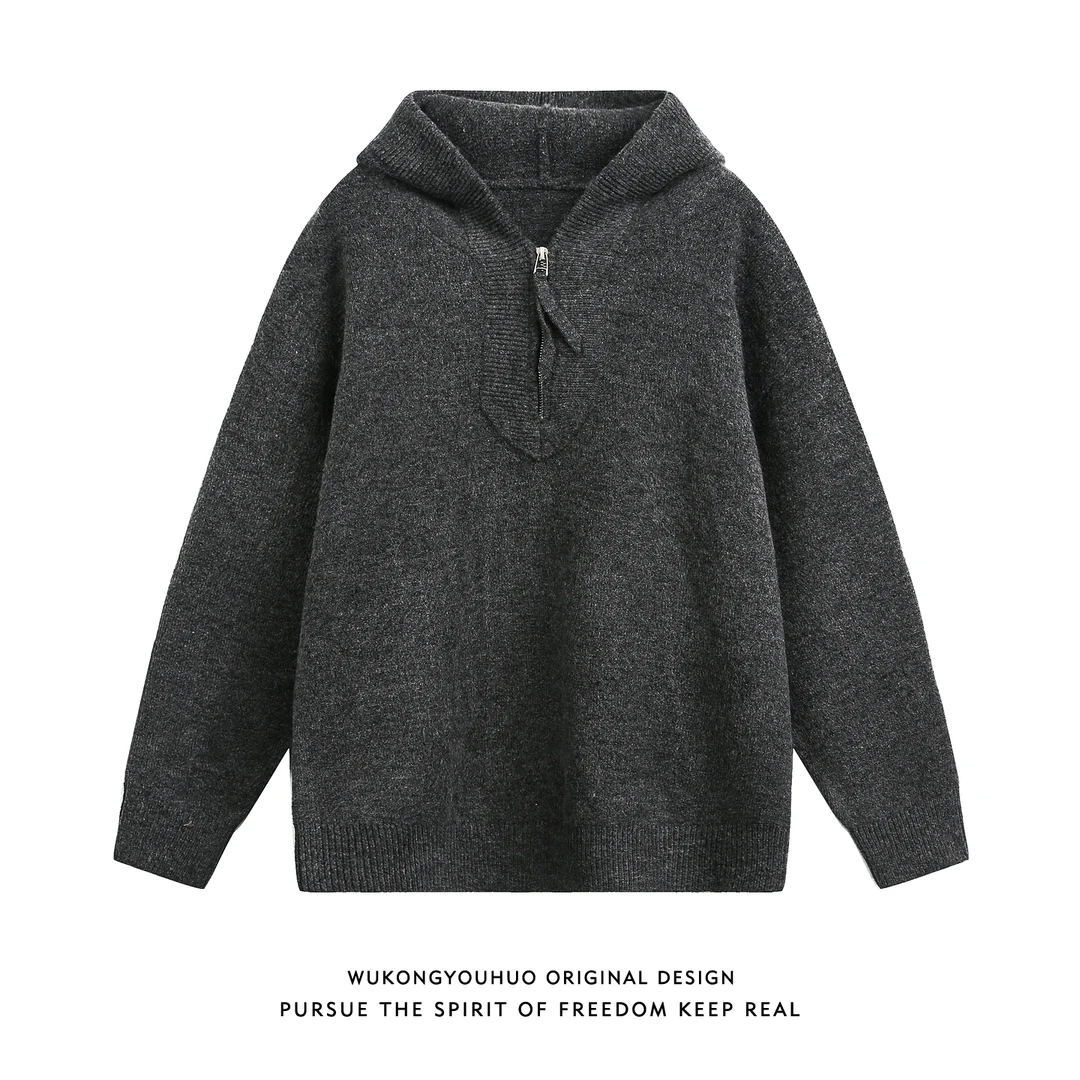 悟空有货复古老钱风纯色半拉链连帽毛衣男潮牌情侣宽松慵懒针织衫