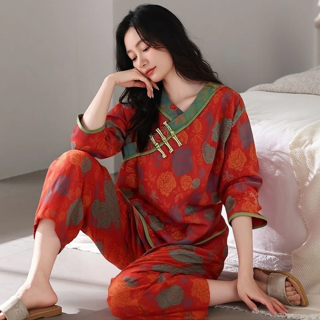 新中式国风复古印花长袖睡衣女士春秋新款家居服套装可外穿两件套