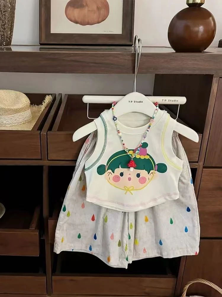 韩系休闲女宝宝度假风卡通背心小雨点纯棉直筒裤套装夏套装