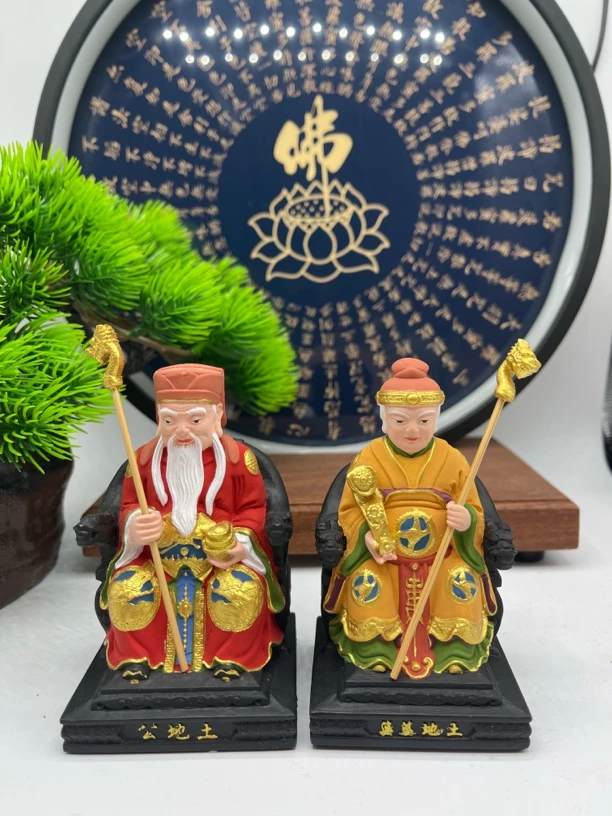 黄杨木彩绘土地公土地婆保平安供奉福德正神一体雕中式祈福摆件