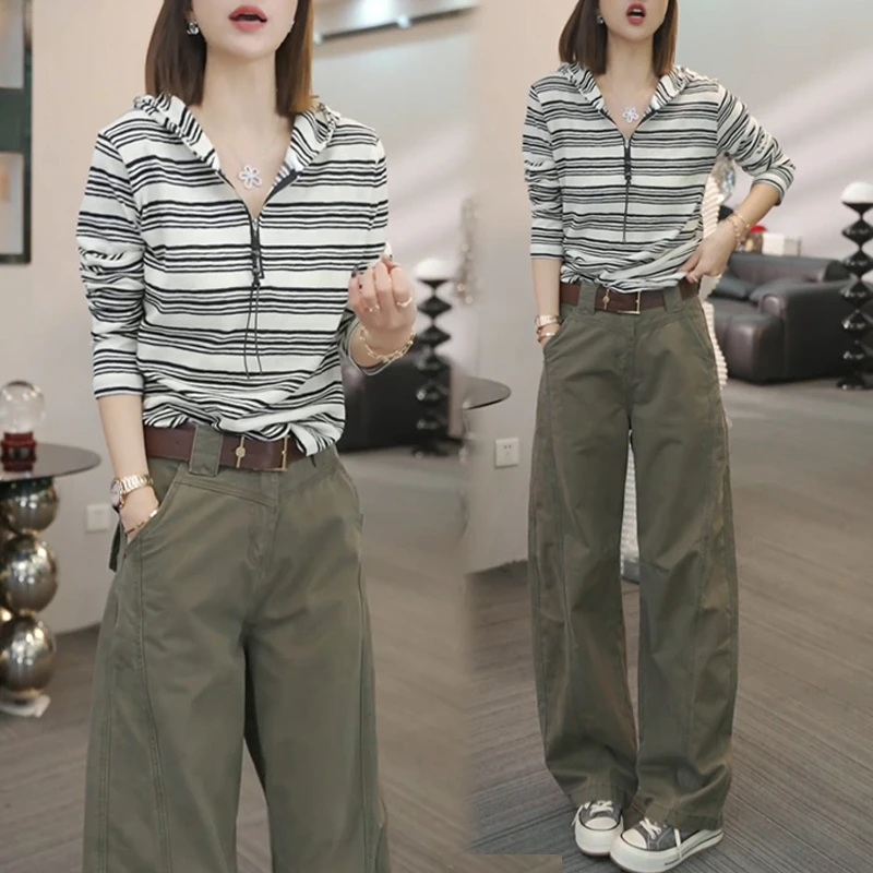 老钱风松驰感套装女2025年春秋新款条纹连帽长袖工装阔腿裤两件套