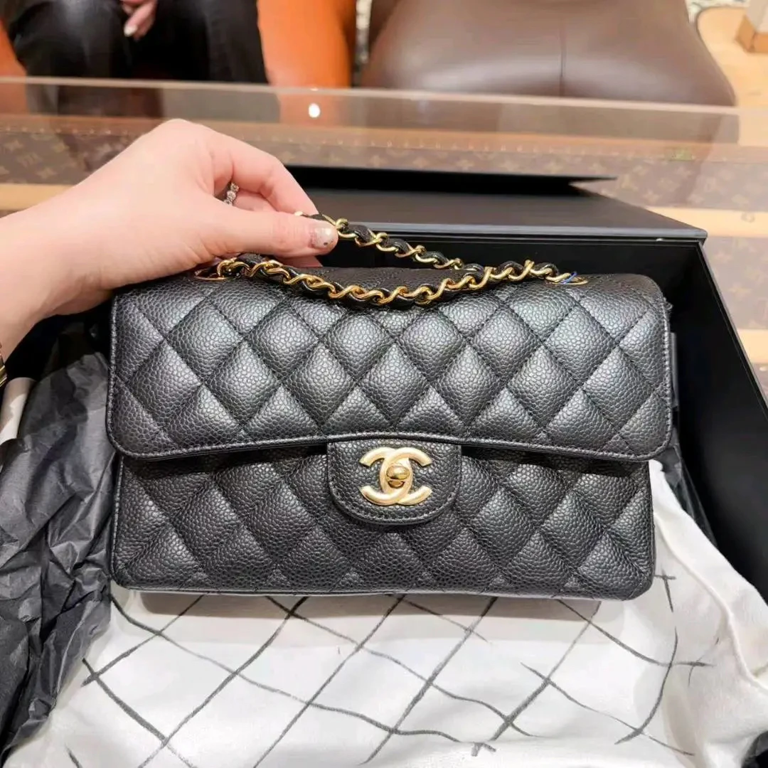99新 Chanel/香奈儿 Chanel cf小号黑金荔枝牛皮 链条单肩包