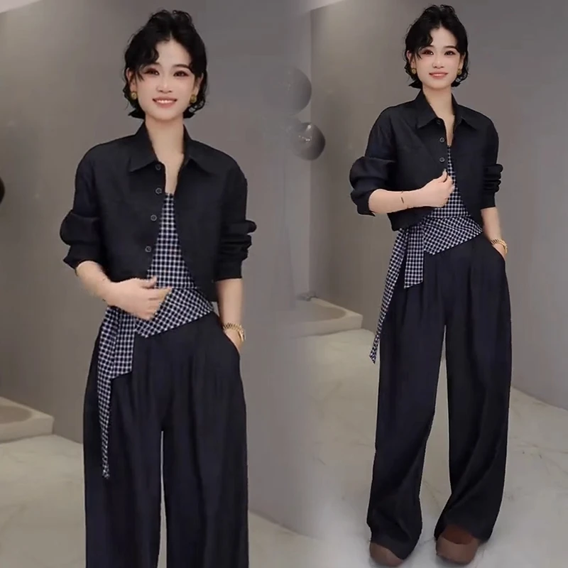 时尚套装女秋季新款洋气显瘦牛仔衬衫格纹抹胸吊带阔腿裤三件套潮