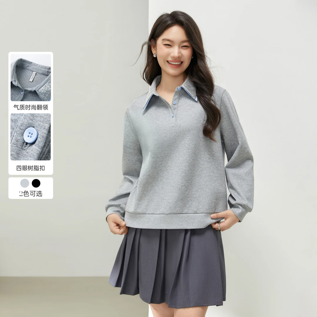 【设计感时髦个性翻领百搭卫衣】纤莉秀W大码女装显瘦上衣QK0128