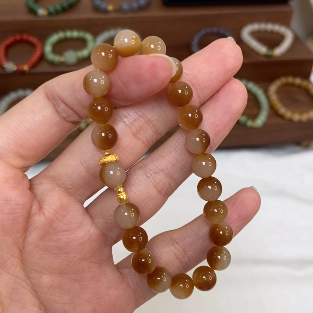 和田玉18K金镶嵌手链8mm糖白精品