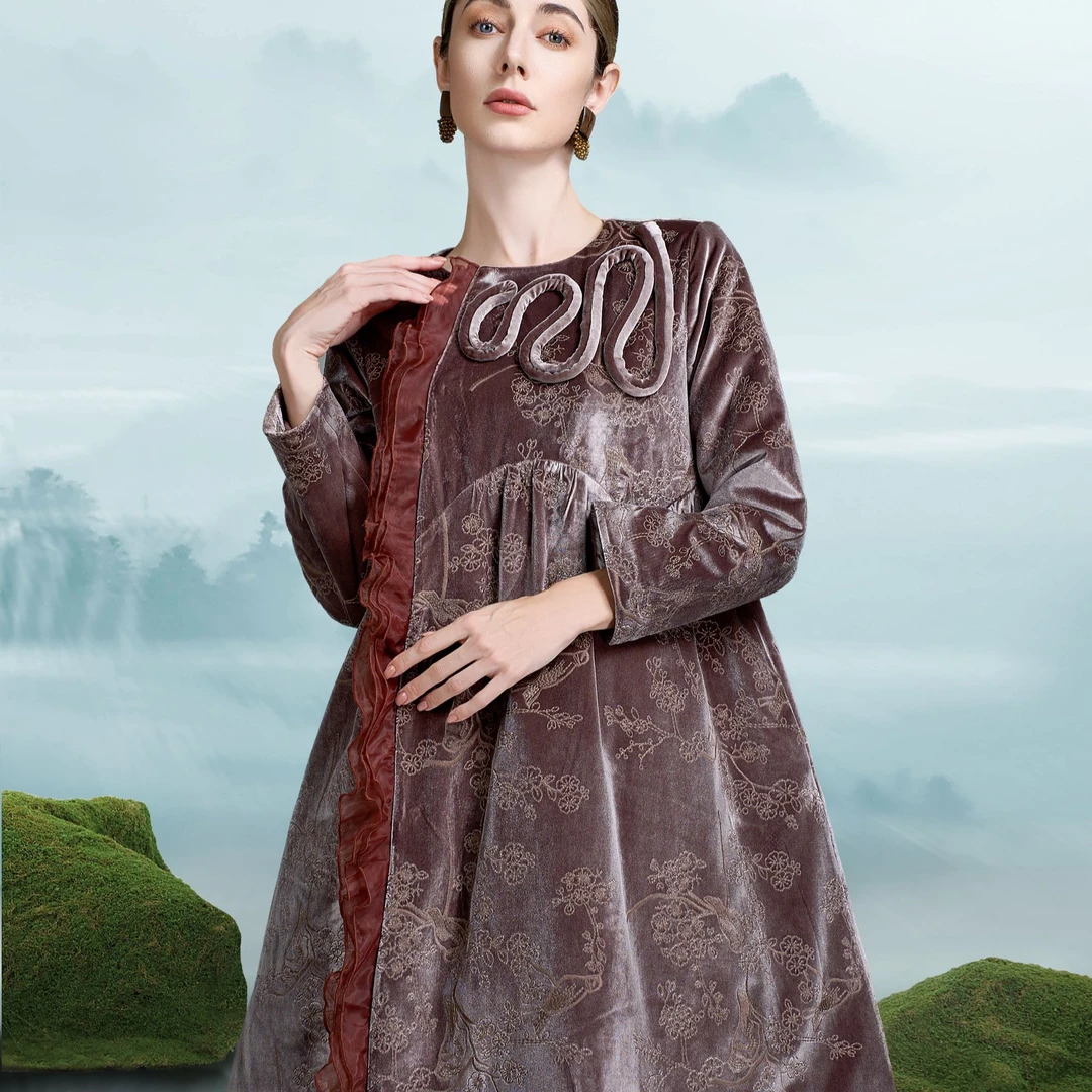 复古棉衣圆领宽松中长款气质显瘦大码时尚丝绒卓拉正品2024冬3614