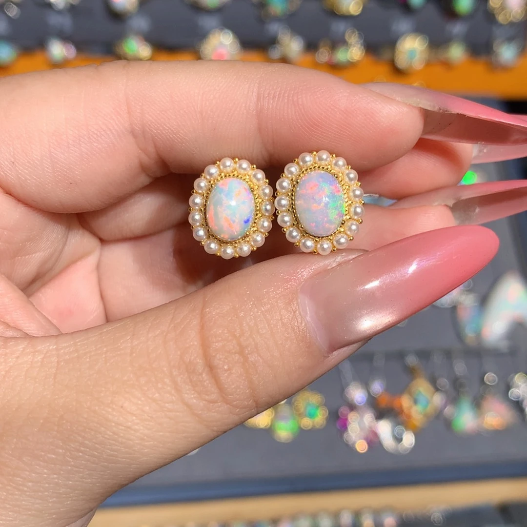 银S925镶嵌欧泊欧泊耳饰l