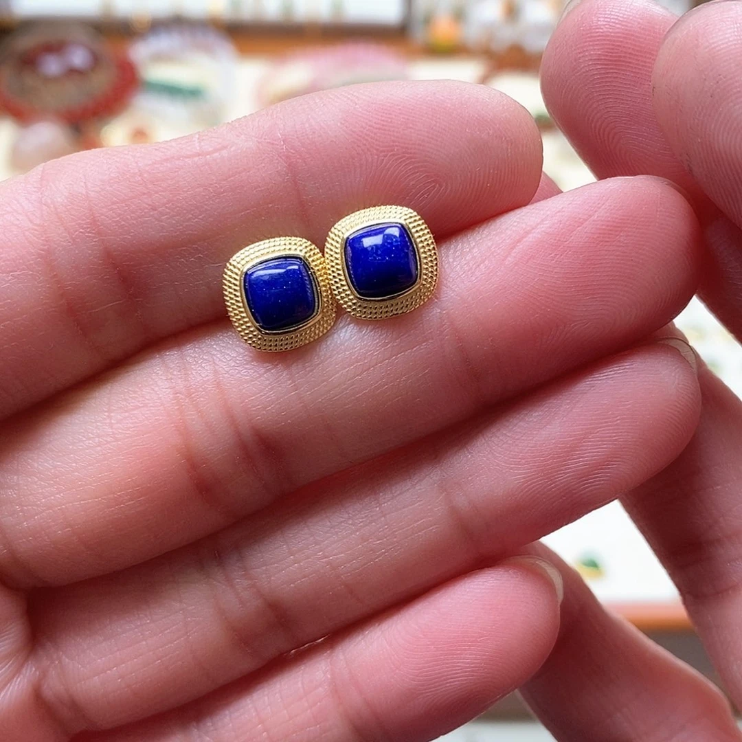 青金石耳饰银S925镶嵌雯*