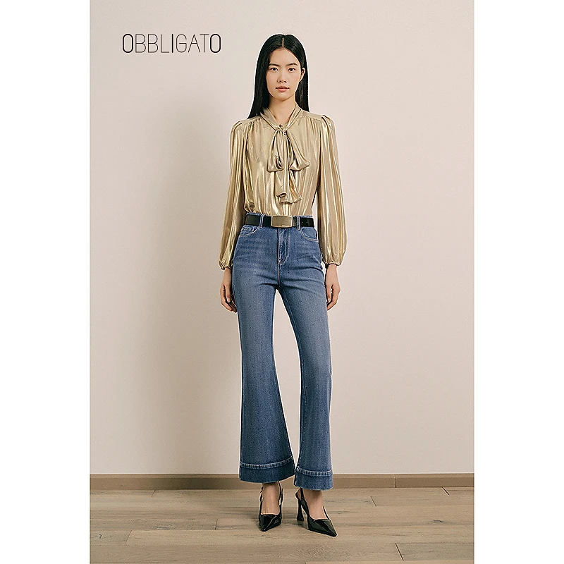 OBBLIGATO奥丽嘉朵2025早春1C35120040烫钻午夜蓝牛仔女裤