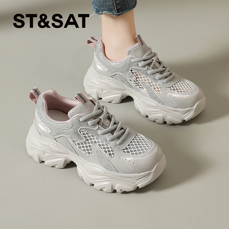 星期六厚底老爹鞋女2025夏季新款镂空透气网鞋点钻运动休闲鞋女鞋