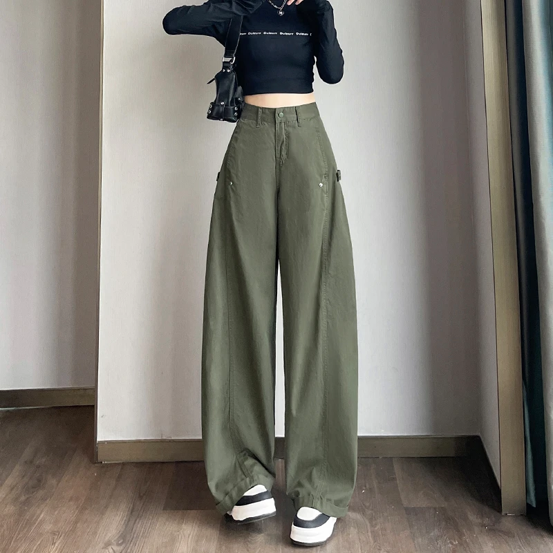 超火绿色工装阔腿牛仔裤女士2025秋季新款宽松遮肉松弛风弯刀裤子