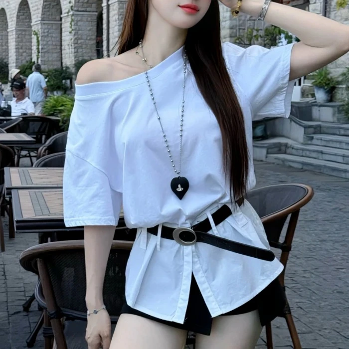 一字领斜肩短袖T恤女2025夏季别致独特露肩显瘦套装