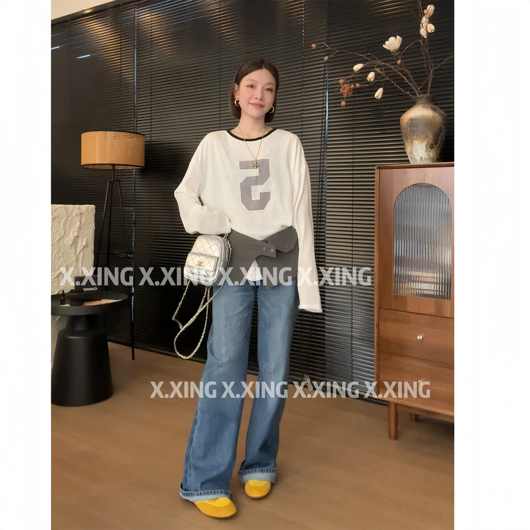 X.x.春季韩版新款时尚潮简约百搭宽松撞色印花长袖T恤女C32-85108