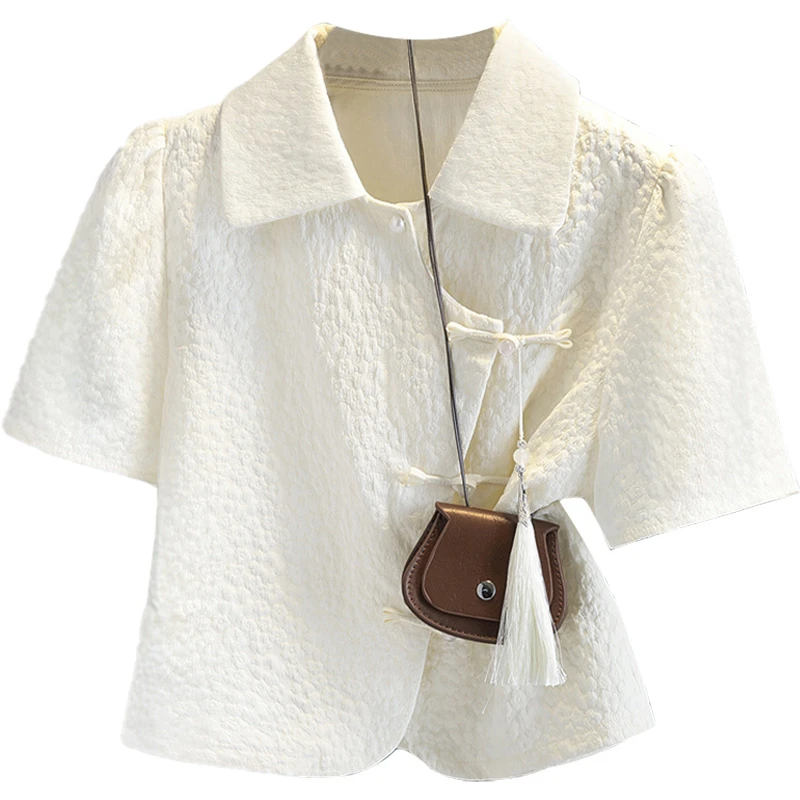 丝柏舍2025夏季新款女装短袖国风盘扣正肩短款翻领衬衫S52B2112C