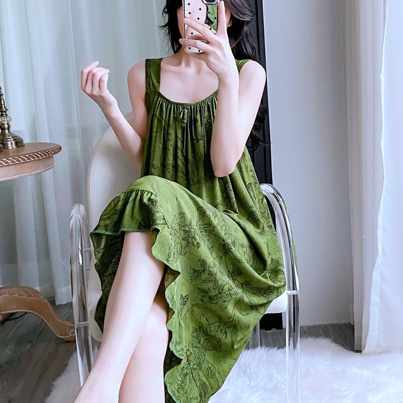 睡衣女夏可爱甜美人造棉吊带睡裙棉绸薄款宽松绵绸凉感家居服长裙