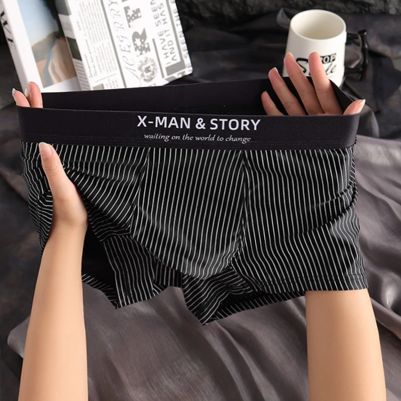夏季男士冰丝内裤缎面凉感平角裤男潮流条纹透气裤头男生轻奢裤衩