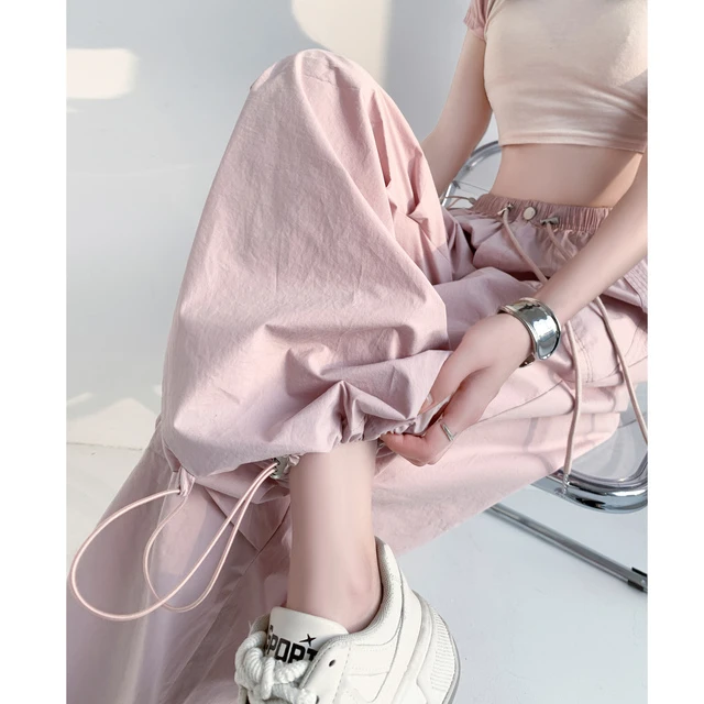 粉色冰丝速干工装裤女夏季薄款美式高腰显瘦垂感降落伞休闲长裤子