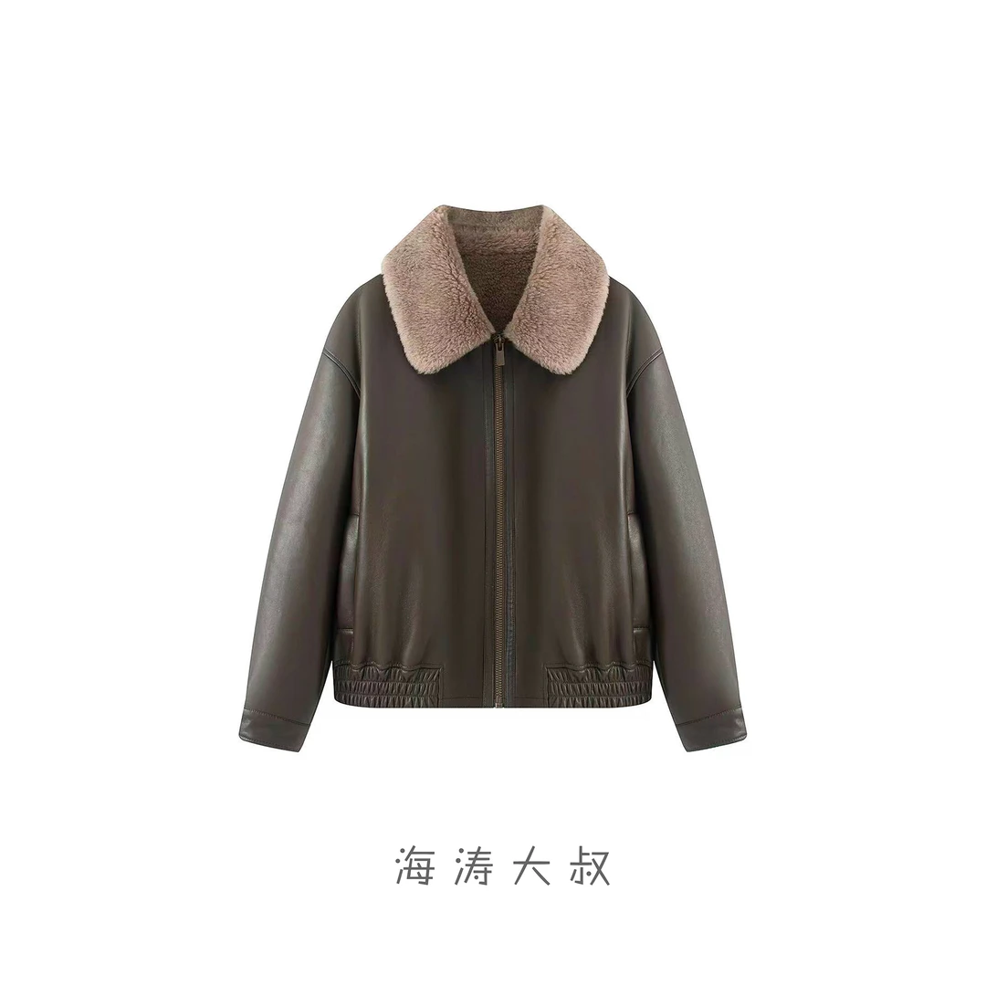 【海涛大叔】「王炸机车」PU翻领复合毛毛短款外套