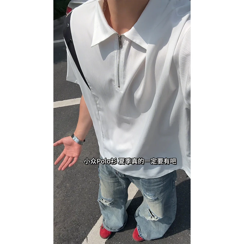 夏新款男装潮牌设计感撞色拼接Polo领短袖时尚宽松百搭上衣设计感
