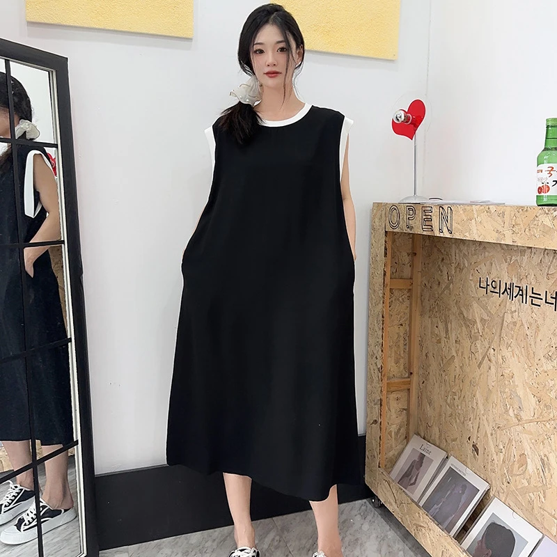 棉绸连衣裙女2024年夏季薄款宽松大码无袖斜纹棉背心裙撞色休闲裙