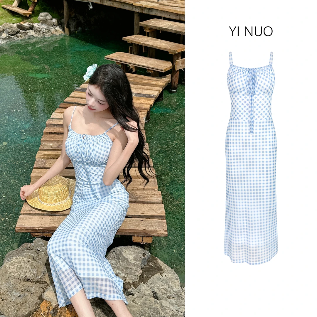韩系清爽减龄U领简约蓝格子收腰A字裙摆微鱼尾连衣裙86200