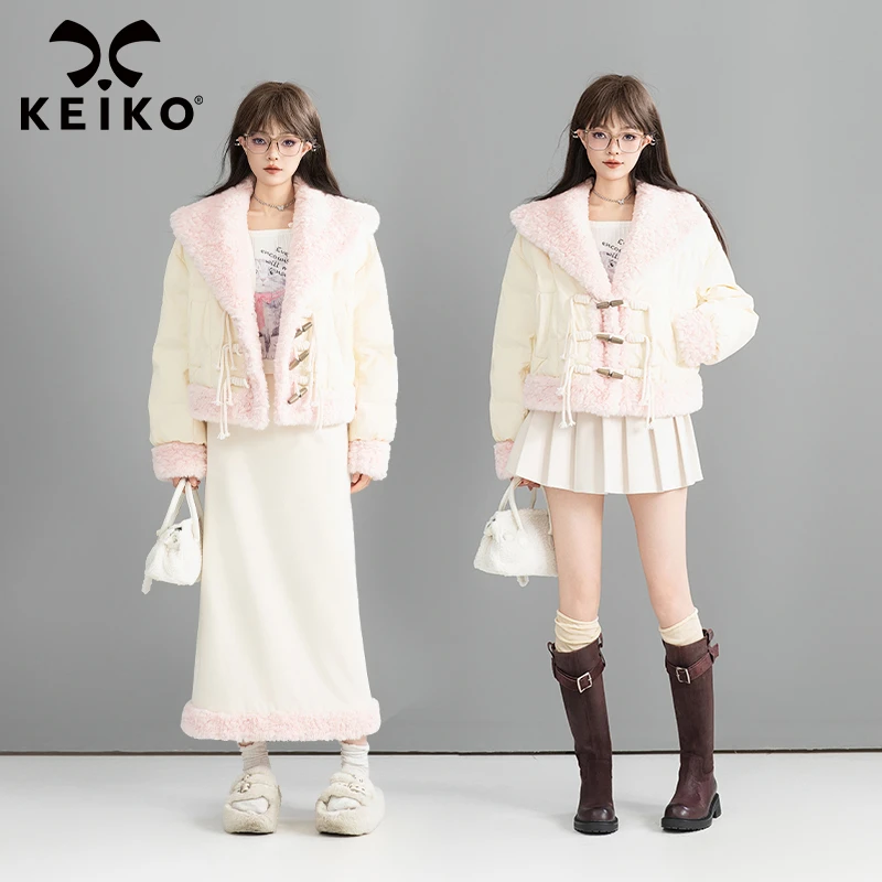 KEIKO 日系毛绒翻领牛角扣棉服女冬季小个子加厚保暖短款外套